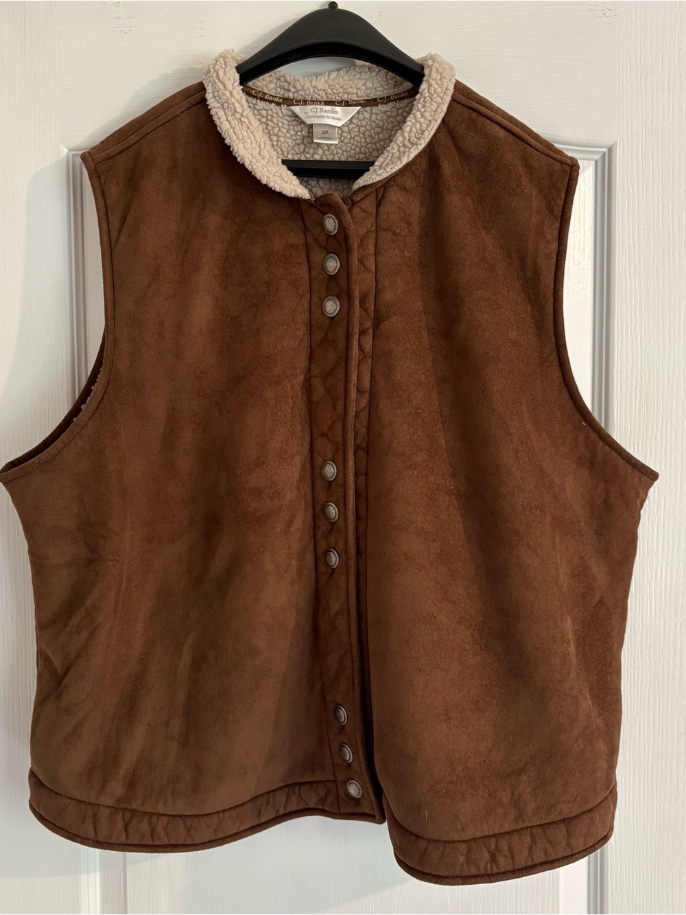 CJ Banks Plus Size Cozy Faux Suede Button Front Vest in Brown with Sherpa Collar